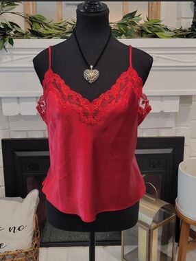 Vintage Y2k Victorias Secret Red Lace-Trim Satin Camisole Top Large